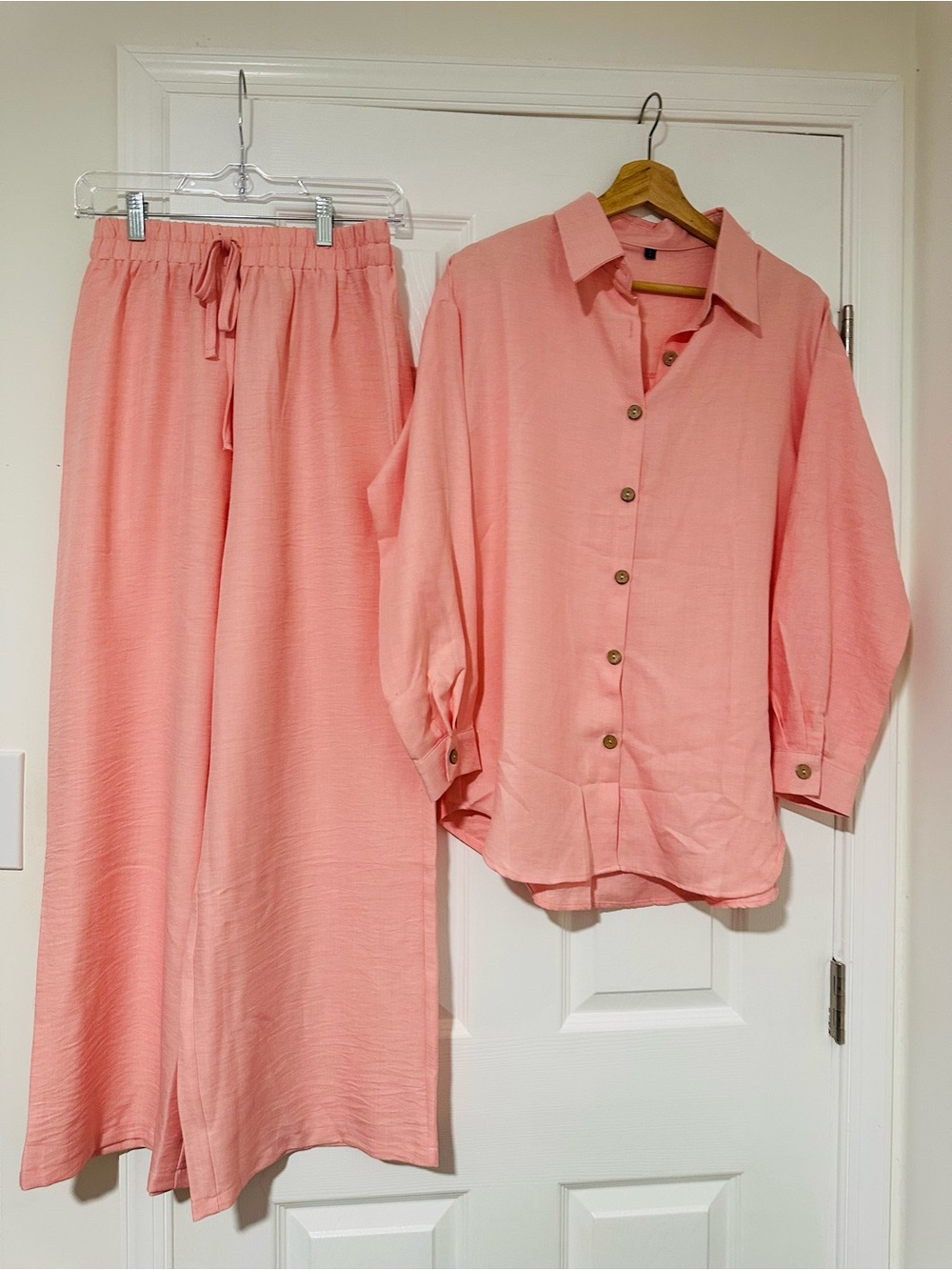 Peach Button-Down Top & Wide Leg Pants Set